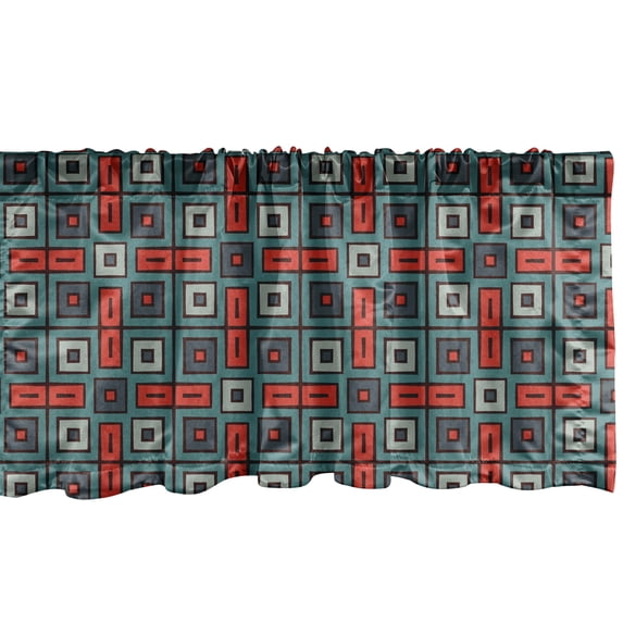 Ambesonne Geometric Window Valance, Repeated Squares Ornamental Abstract Pattern in Style Retro Mosaic, Curtain Valance for Kitchen Bedroom Decor with Rod Pocket, 54" X 18", Vermilion Teal