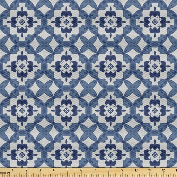 Ambesonne Geometrical Fabric by the Yard Upholstery, Azulejo Mosaic Pattern, 5 Yards, Pale Taupe Ceil Blue