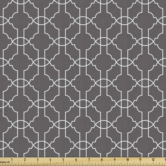 Ambesonne Geometrical Fabric by the Yard Upholstery, Monochrome Quatrefoil, 1 Yard, Grey and White