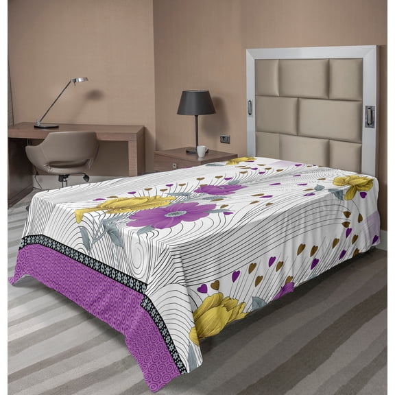 Ambesonne Geometrical Flat Sheet, Stripes Flower Motifs, TwinXL Size, White and Multicolor