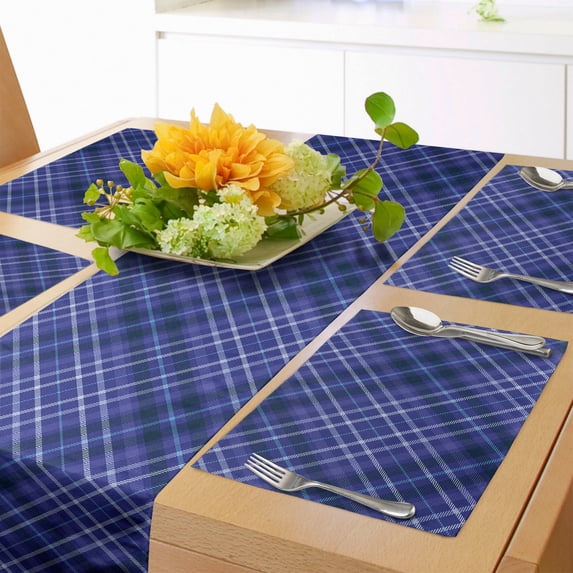 Ambesonne Geometrical Table Runner & Placemats, Blue Tones Plaid, Placemat 4 pcs + Runner 14"x90", Indigo Violet Blue