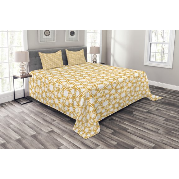 Ambesonne Geometry Quilted Bedspread Set 3 Pcs, Moroccan Effects, King Size, Earth Yellow