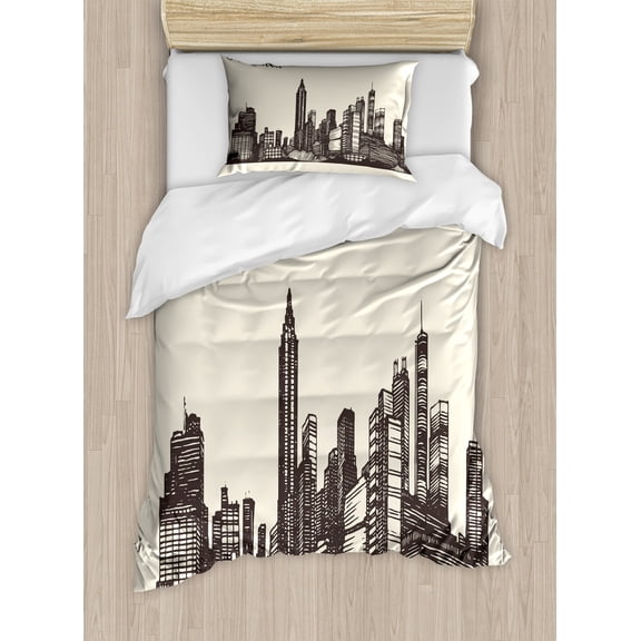 Ambesonne Georgia Duvet Cover Sets, Grunge City Skyline Vintage, 2-Twin, Dark Taupe and Eggshell