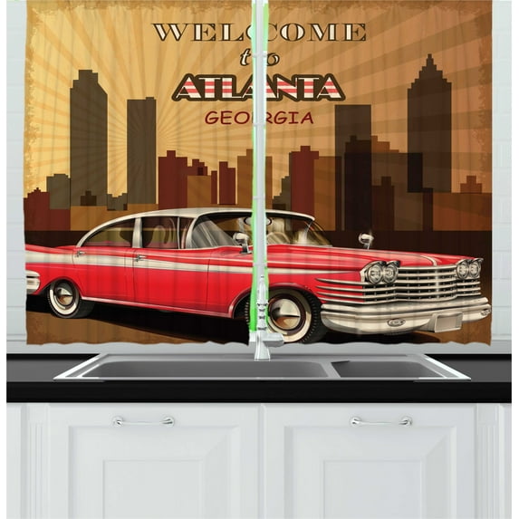 Ambesonne Georgia Kitchen Curtains, Retro Car and City Skyline, 55"x45", Dark Cocoa Multicolor