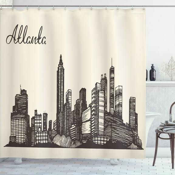 Ambesonne Georgia Shower Curtain, Grunge City Skyline Vintage, 69"Wx84"L, Dark Taupe and Eggshell