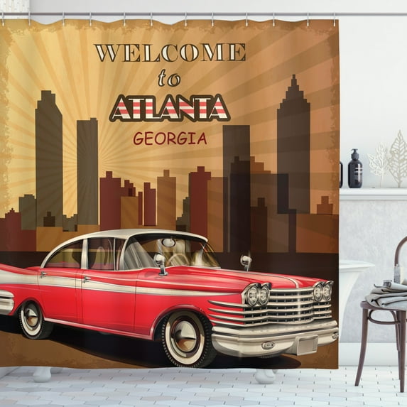 Ambesonne Georgia Shower Curtain, Retro Car and City Skyline, 69"Wx75"L, Dark Cocoa Multicolor
