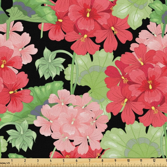 Ambesonne Geraniums Fabric by the Yard Upholstery, Victorian Flowers Leaves, 10 Yards, Black and Multicolor