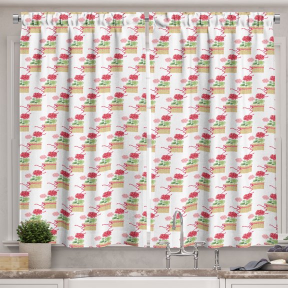 Ambesonne Geraniums Kitchen Curtains, Colored Flowers in Basket, 55"x36", White and Multicolor