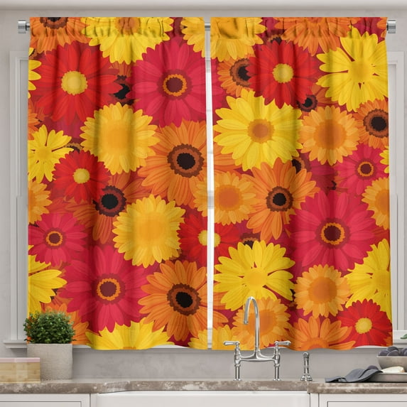 Ambesonne Gerber Daisy Kitchen Curtains, Warm Tones Flowers, 55"x36", Multicolor