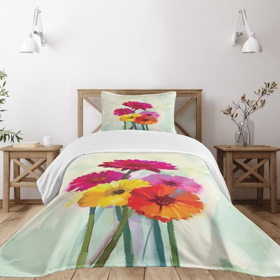 Ambesonne Gerber Daisy Quilted Bedspread Set 2 Pcs, Oil Painting Flowers, Twin Size, Multicolor