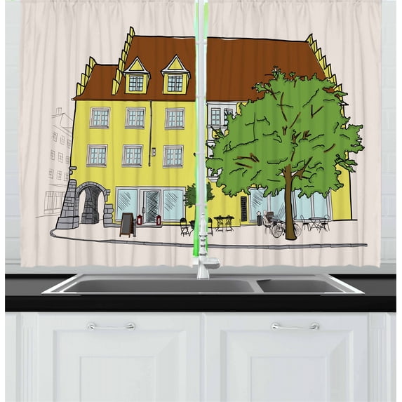 Ambesonne German Kitchen Curtains, Old Building in Lindau, 55"x39", Multicolor