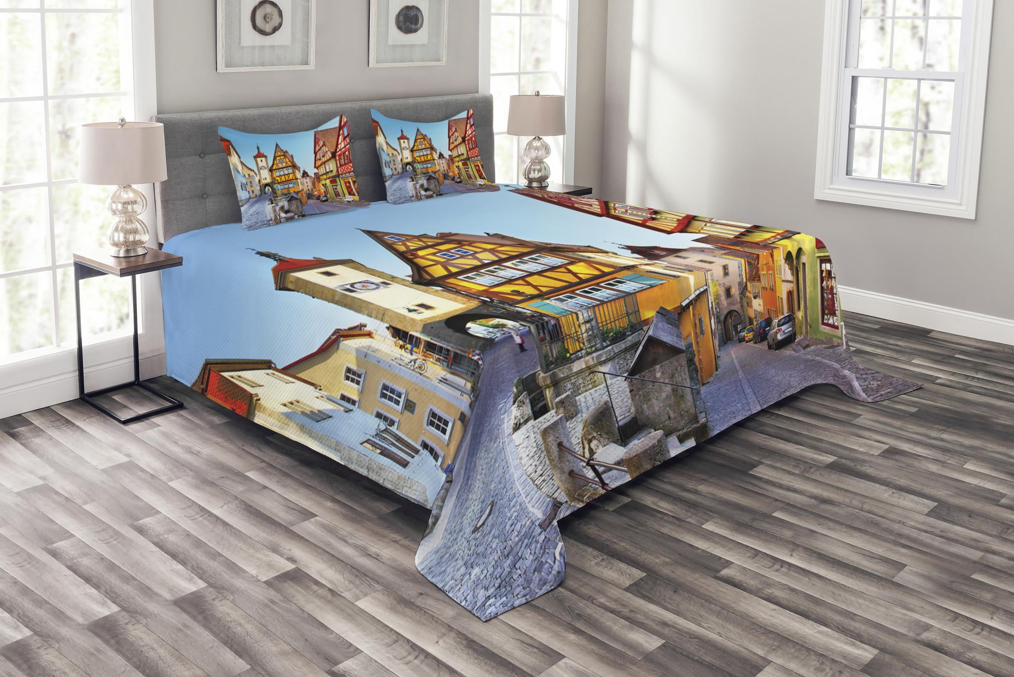King Size White Quilted Bedspread Set with Colorful Street Design