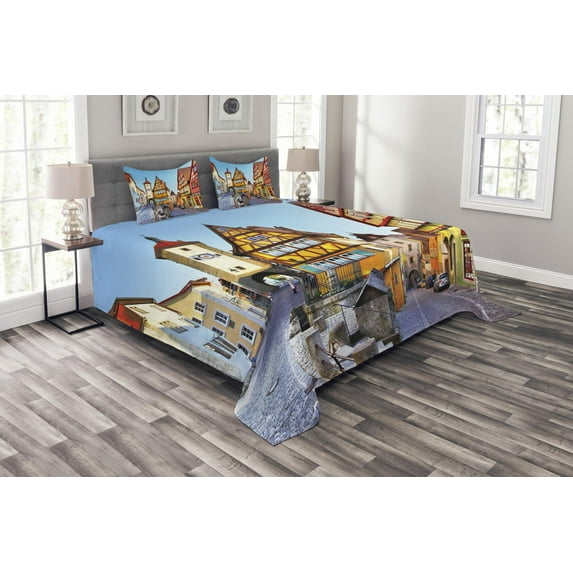 Ambesonne German Quilted Bedspread Set 3 Pcs, Colorful Street Houses, King Size, Multicolor