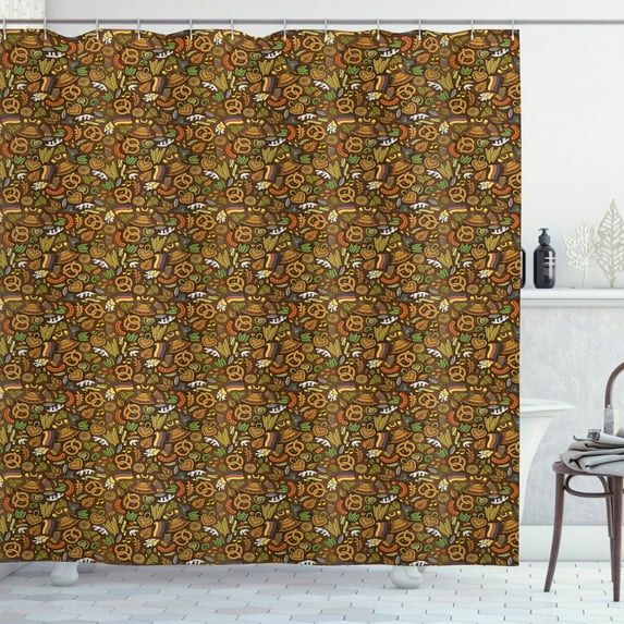 Ambesonne German Shower Curtain, Hops and Pretzels Hand Drawn, 69"Wx84"L, Multicolor