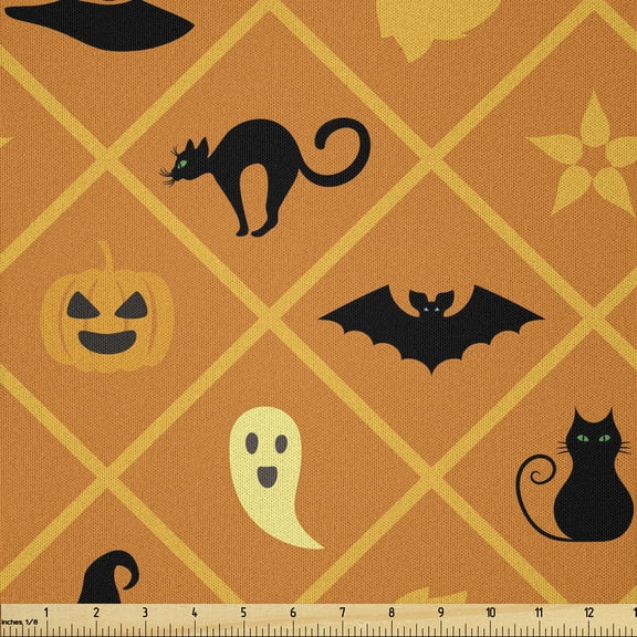 Ambesonne Ghost Fabric by the Yard Microfiber, Cat Hat Bat Leaves Pumpkin, 1 Yard, Orange Black Pale Yellow