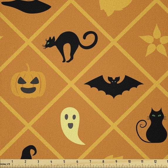 Ambesonne Ghost Fabric by the Yard Microfiber, Cat Hat Bat Leaves Pumpkin, 10 Yards, Orange Black Pale Yellow