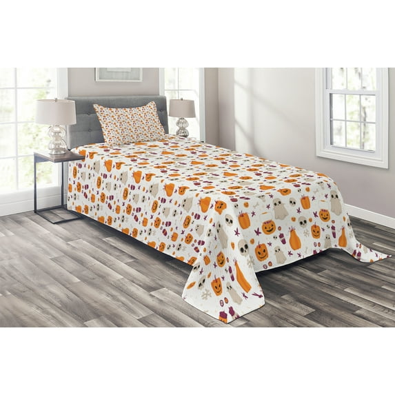 Ambesonne Ghost Quilted Coverlet 2 Pcs, Halloween Party Cartoon Style, Twin Size, Multicolor