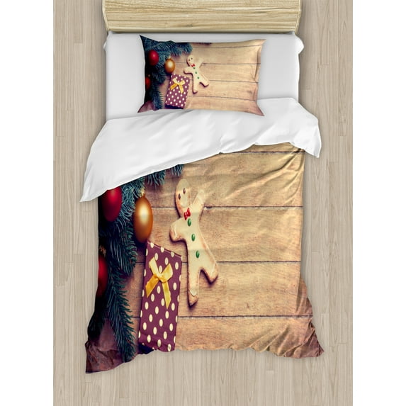 Ambesonne Gingerbread Man Duvet Cover Set, Cookie Present, Twin, Hunter Green Pale Brown
