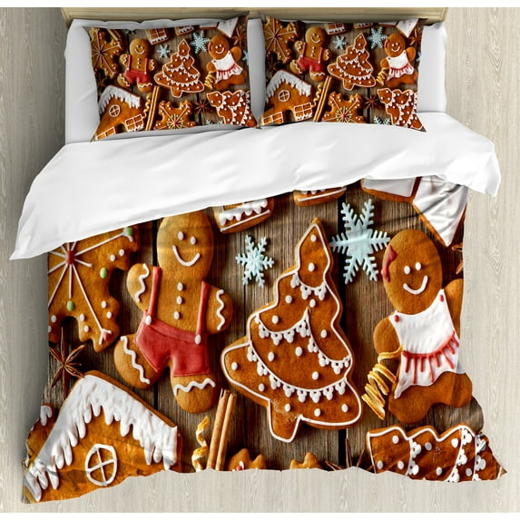 Ambesonne Gingerbread Man Duvet Cover Set, Cookies Snow, 2-Calking, Umber Pale Brown White