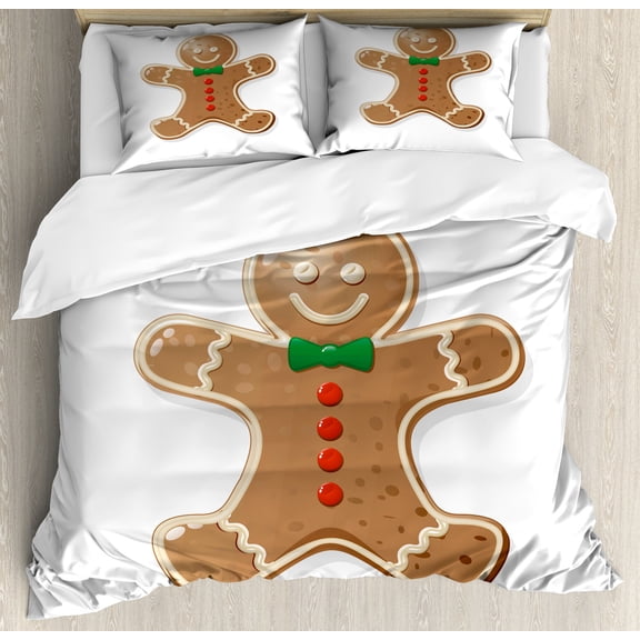 Ambesonne Gingerbread Man Duvet Cover Set, Iconic Treats, King, Caramel Green and Red