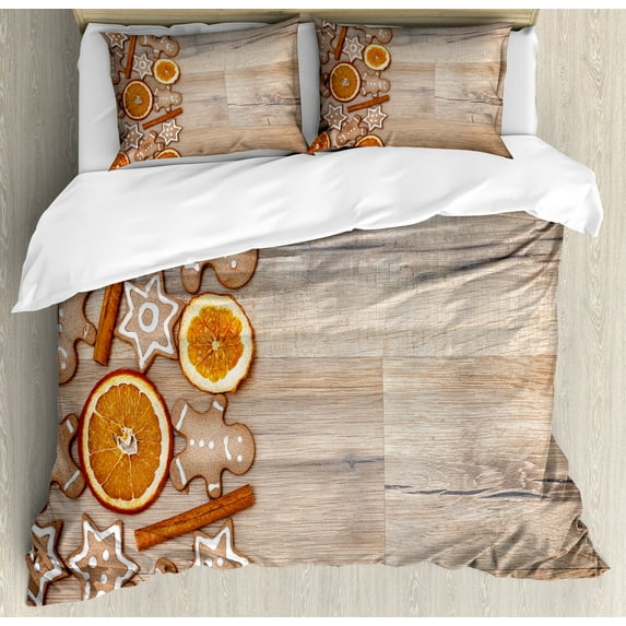 Ambesonne Gingerbread Man Duvet Cover Sets, Aromatic, 2-Queen, Umber Orange White