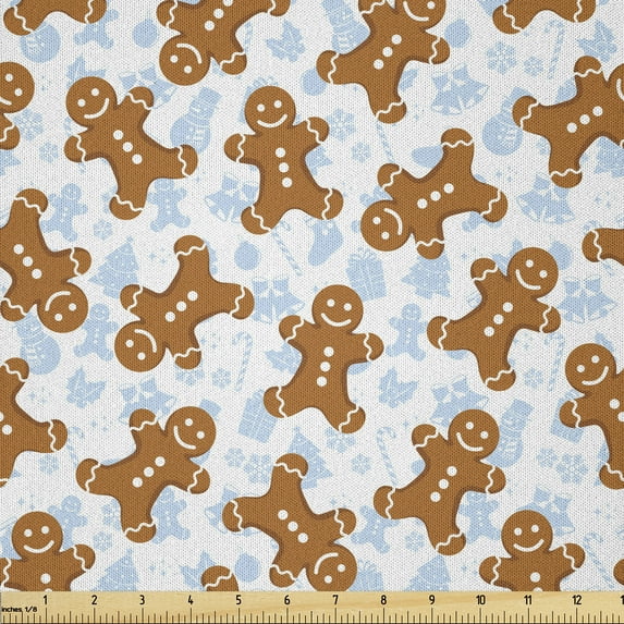 Ambesonne Gingerbread Man Fabric by the Yard Microfiber, Tile, 1 Yard, Pale Caramel Pale Blue