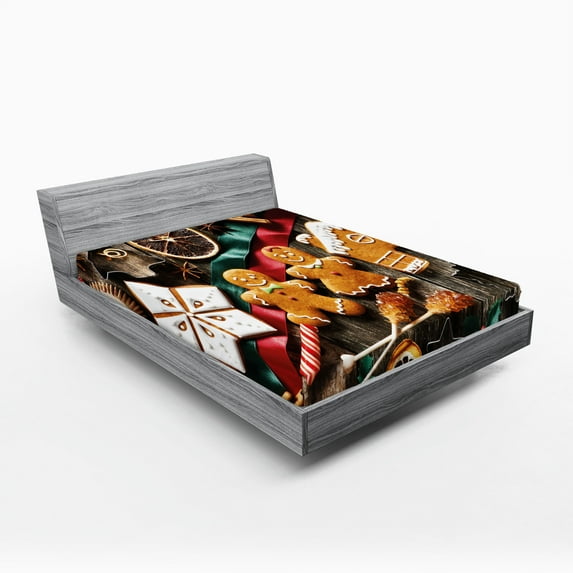 Ambesonne Gingerbread Man Fitted Sheet, Biscuits Rustic, Queen Size, Multicolor