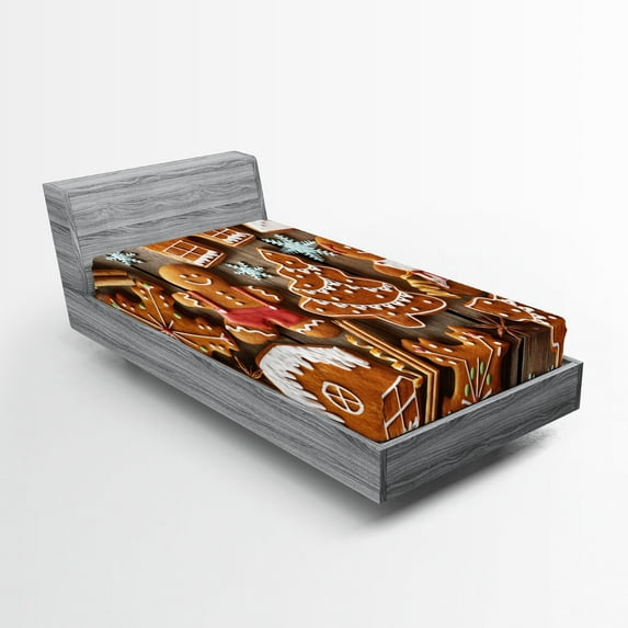 Ambesonne Gingerbread Man Fitted Sheet, Cookies Snow, Twin Size, Umber Pale Brown White