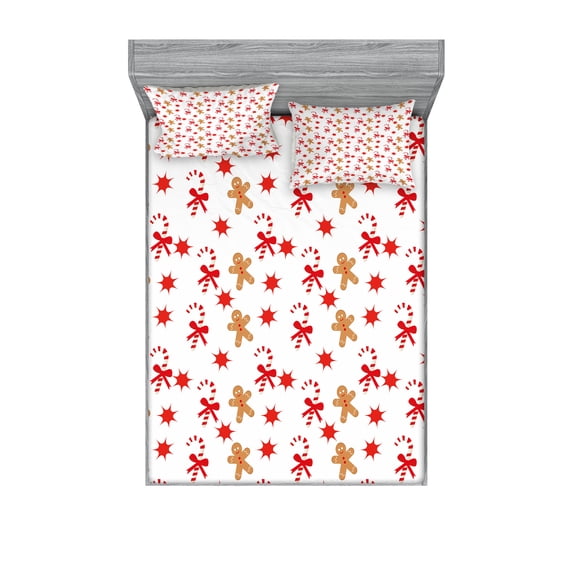 Ambesonne Gingerbread Man Fitted Sheet & Pillow Sham Set, Candy Red Star, Full, Sand Brown Orange