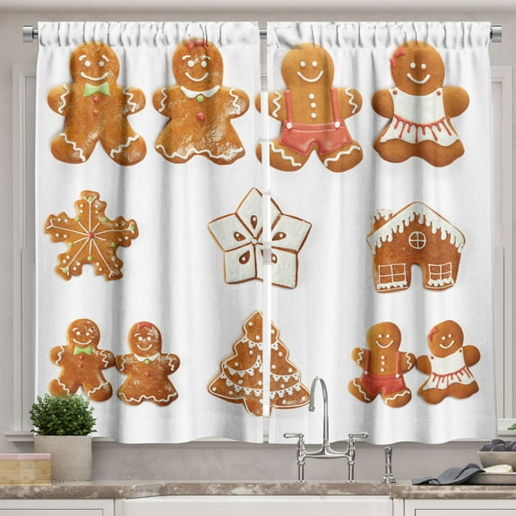 Ambesonne Gingerbread Man Kitchen Curtains, House Tree, 55"x39", Pale Brown White