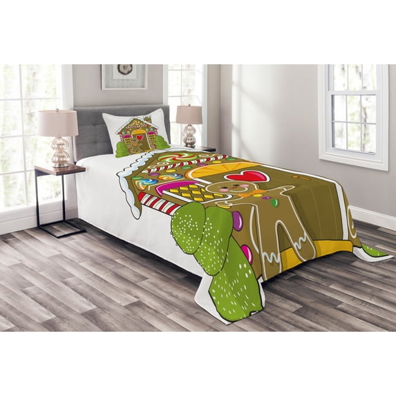 Ambesonne Gingerbread Man Quilted Bedspread Set 2 Pcs, Candy House, Twin Size, Multicolor