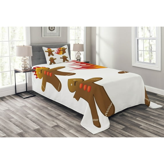 Ambesonne Gingerbread Man Quilted Bedspread Set 2 Pcs, Funny, Twin Size, Caramel Yellow Red