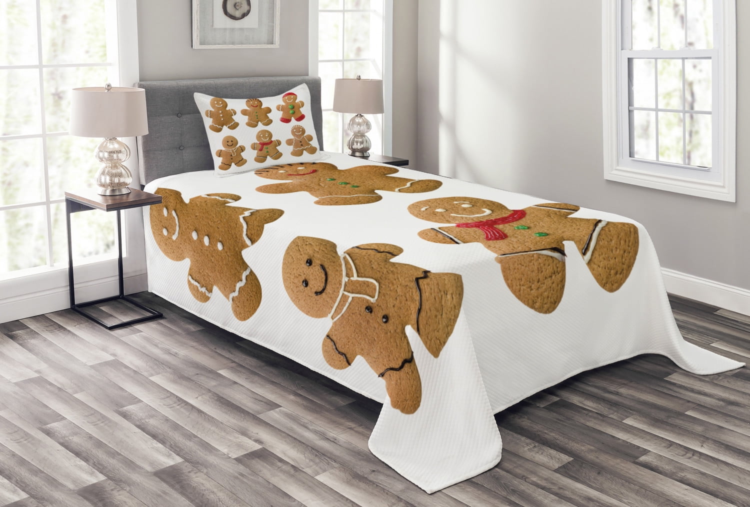 Gingerbread Man Twin White Quilted Bedspread Set