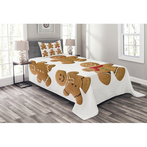 Ambesonne Gingerbread Man Quilted Bedspread Set 2 Pcs, Homemade, Twin Size, Pale Brown Red Green