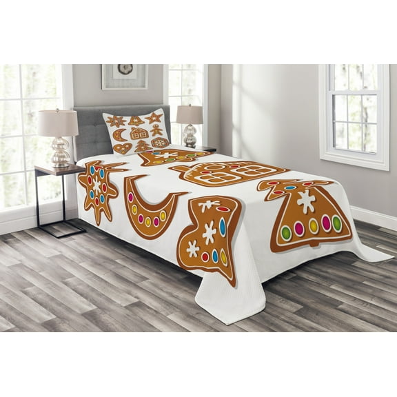 Ambesonne Gingerbread Man Quilted Bedspread Set 2 Pcs, Sugar Biscuits, Twin Size, Brown Multicolor
