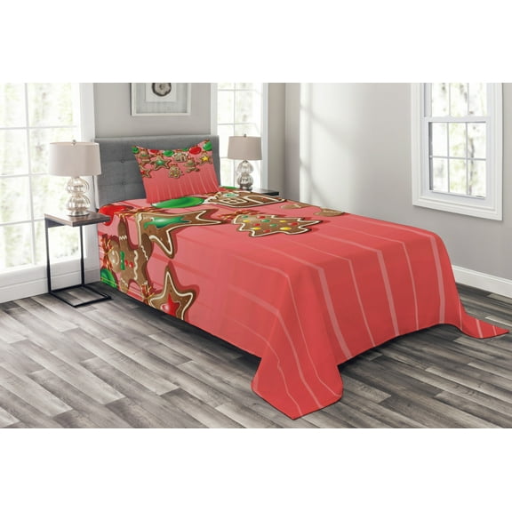 Ambesonne Gingerbread Man Quilted Bedspread Set 2 Pcs, Symbolic Pastry, Twin Size, Multicolor