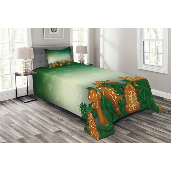 Ambesonne Gingerbread Man Quilted Bedspread Set 2 Pcs, Xmas Cookies, Twin Size, Green Pale Brown