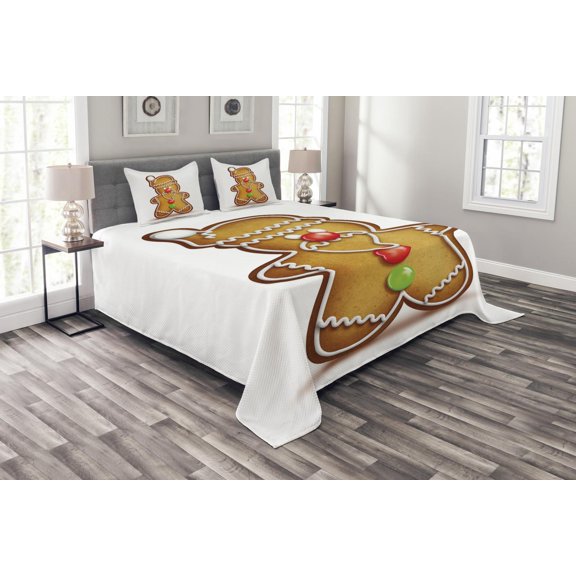 Ambesonne Gingerbread Man Quilted Bedspread Set 3 Pcs, Cartoon Santa, Queen Size, Pale Brown Red Green