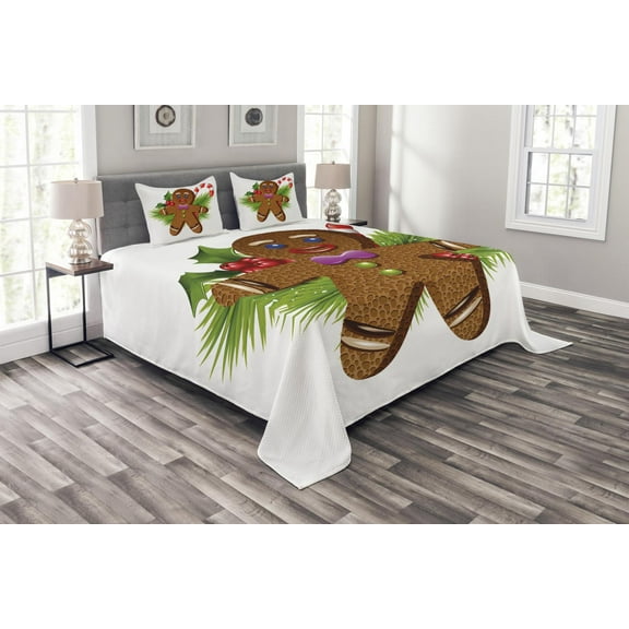 Ambesonne Gingerbread Man Quilted Bedspread Set 3 Pcs, Christmas Cookie, Queen Size, Brown Green Red