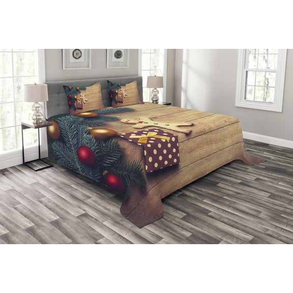 Ambesonne Gingerbread Man Quilted Bedspread Set 3 Pcs, Cookie Present, Queen Size, Hunter Green Pale Brown