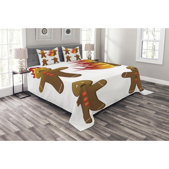 Ambesonne Gingerbread Man Quilted Bedspread Set 3 Pcs, Funny, King Size, Caramel Yellow Red
