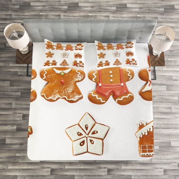 Ambesonne Gingerbread Man Quilted Bedspread Set 3 Pcs, House Tree, King Size, Pale Brown White