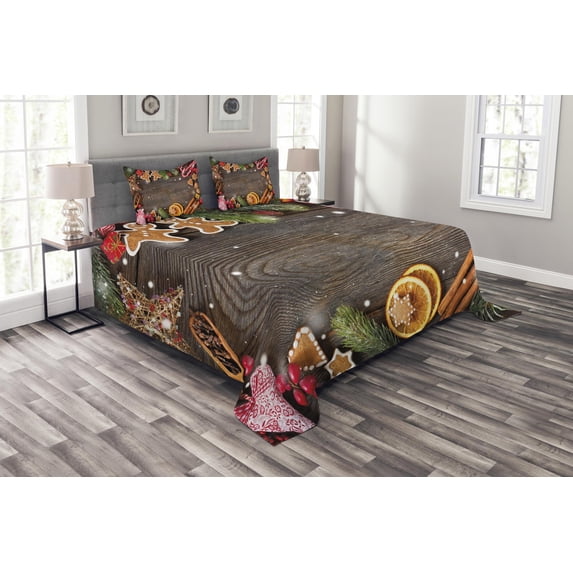 Ambesonne Gingerbread Man Quilted Bedspread Set 3 Pcs, Spices Biscuits, King Size, Multicolor