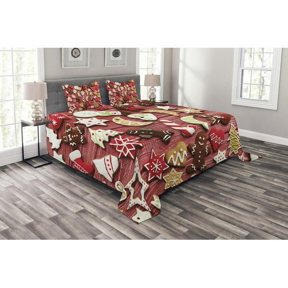 Ambesonne Gingerbread Man Quilted Bedspread Set 3 Pcs, Sugary Treats, Queen Size, Red Brown White