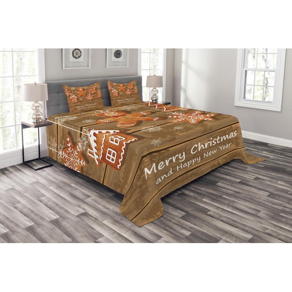 Ambesonne Gingerbread Man Quilted Bedspread Set 3 Pcs, Watercolor Fun, King Size, Brown Orange White