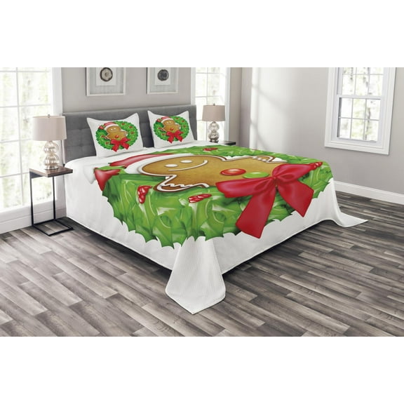 Ambesonne Gingerbread Man Quilted Bedspread Set 3 Pcs, Xmas Wreath, King Size, Green Red Pale Brown
