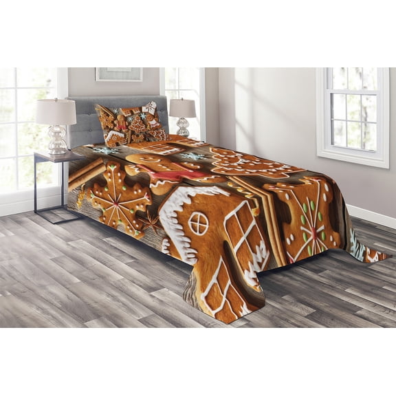 Ambesonne Gingerbread Man Quilted Coverlet 2 Pcs, Cookies Snow, Twin Size, Umber Pale Brown White