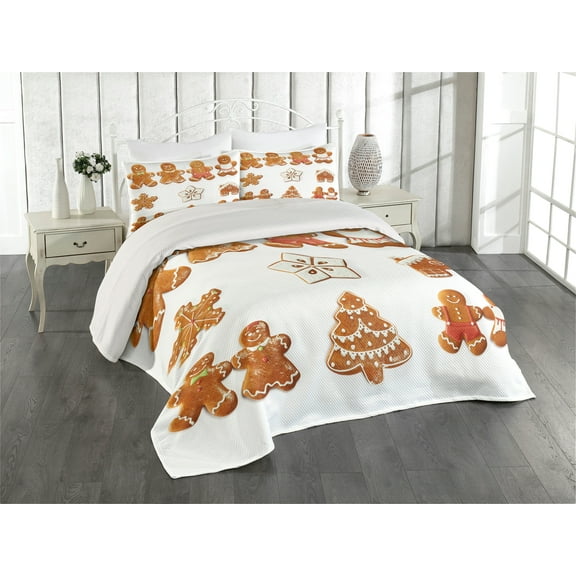 Ambesonne Gingerbread Man Quilted Coverlet 2 Pcs, House Tree, Twin Size, Pale Brown White