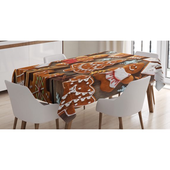 Ambesonne Gingerbread Man Tablecloth Rectangular Table Cover, Cookies Snow, 52"x70", Umber Pale Brown White