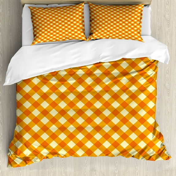 Ambesonne Gingham Duvet Cover Sets, Diagonal Plaid Style Image, 2-King, Cream Orange and Vermilion